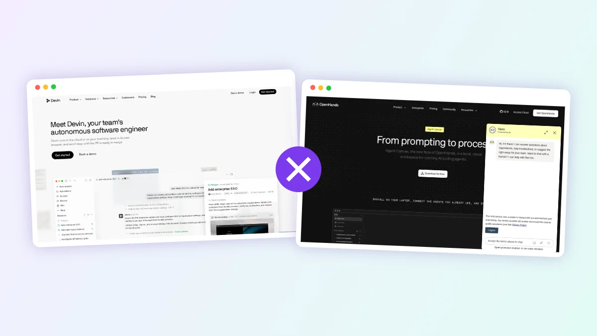 Side-by-side screenshots of the Devin and OpenHands websites