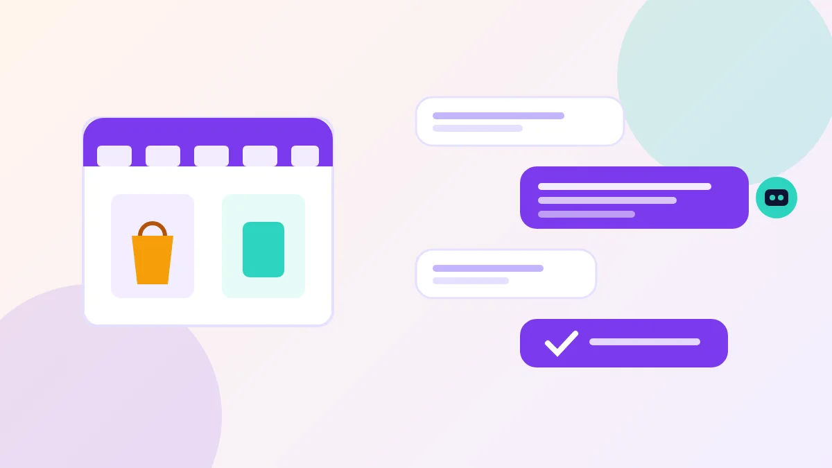 Illustration of an online store and an AI support agent answering customer chats