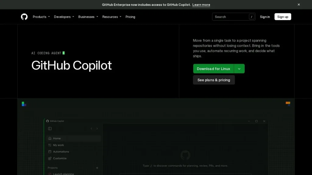 GitHub Copilot Cloud Agent website screenshot
