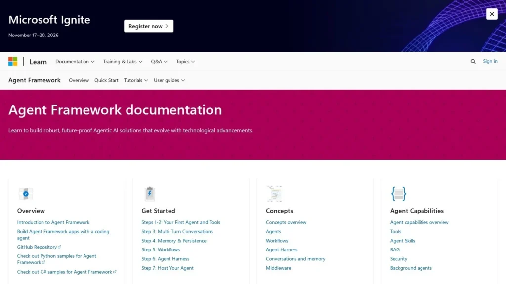 Microsoft Agent Framework website screenshot